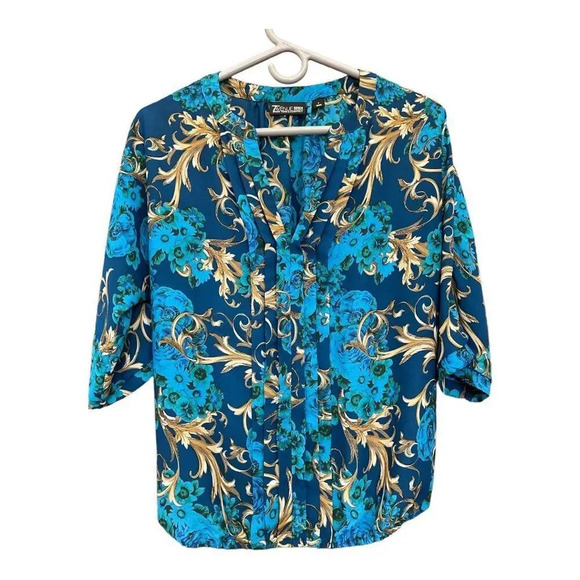 New York & Company 7th Avenue Women’s Small Blue & Gold V-Neck Blouse - Picture 4 of 6